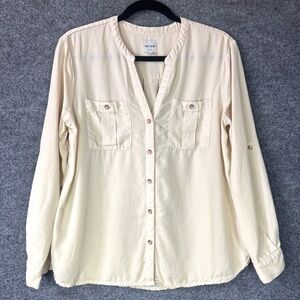 NIC+ZOE Tencel Utility Button Up Blouse Roll Tab Sleeve Cream Size M